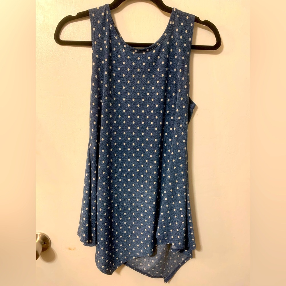 Blue polka dotted, sleeveless blouse